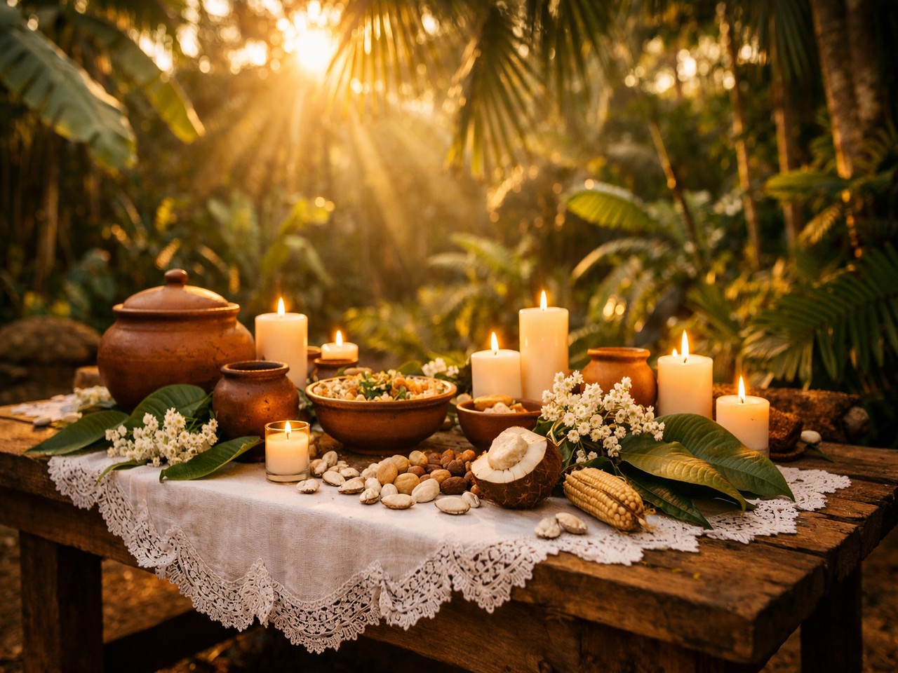 Espaço sagrado com elementos naturais, velas e plantas tropicais
